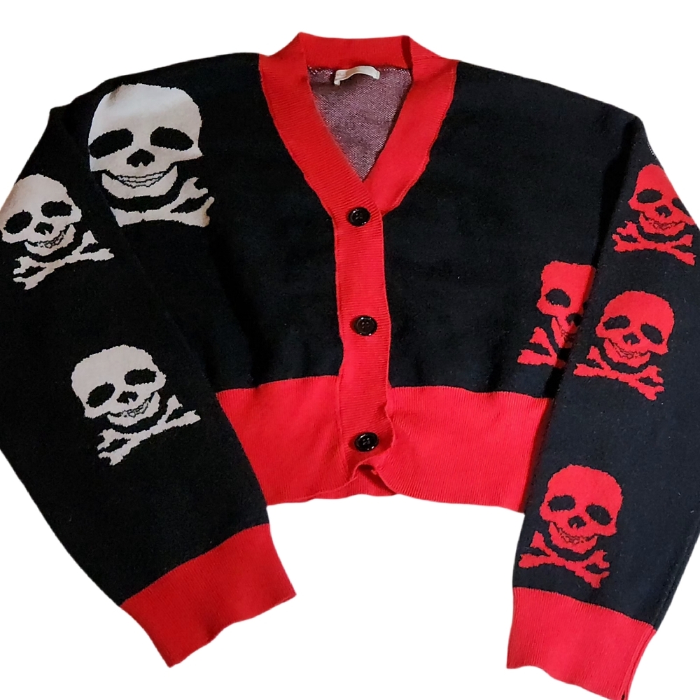 ROMWE Skull Graphic Colorblock Crop Button Front Cardigan Size 4 (S) Oversized